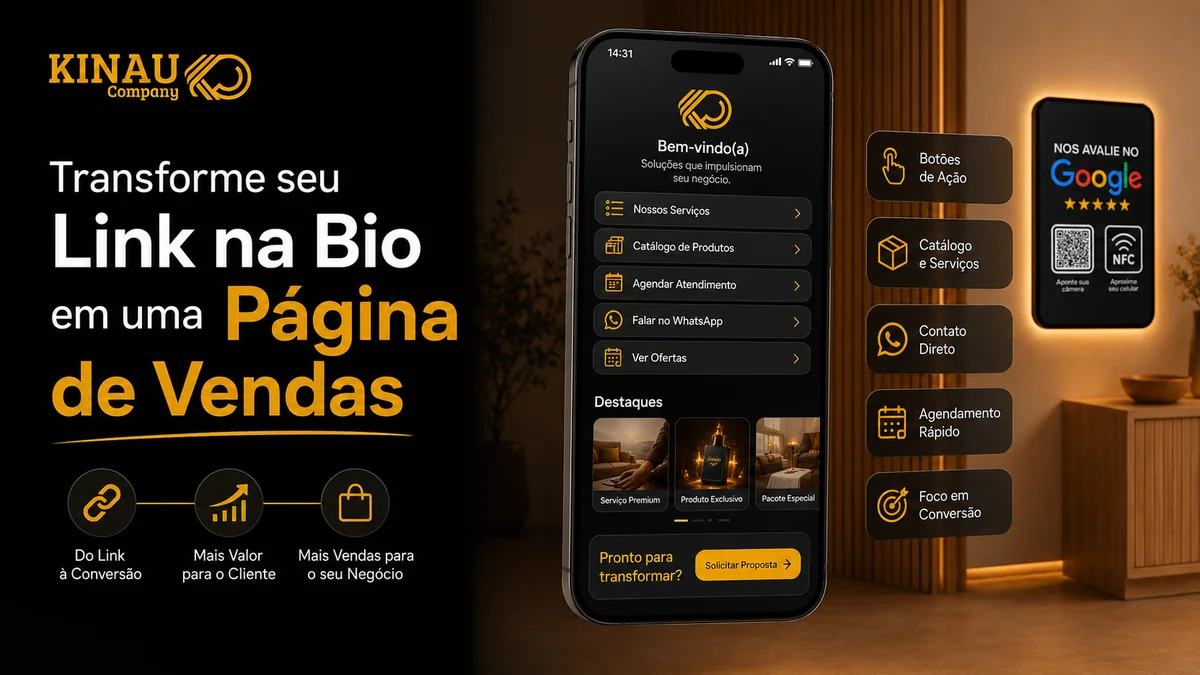 Celular exibindo blocos de link organizados como página de vendas na bio