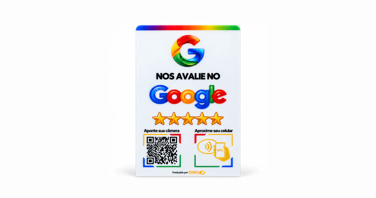 Placa de Avaliação Google branca vista de frente, com QR Code e área NFC